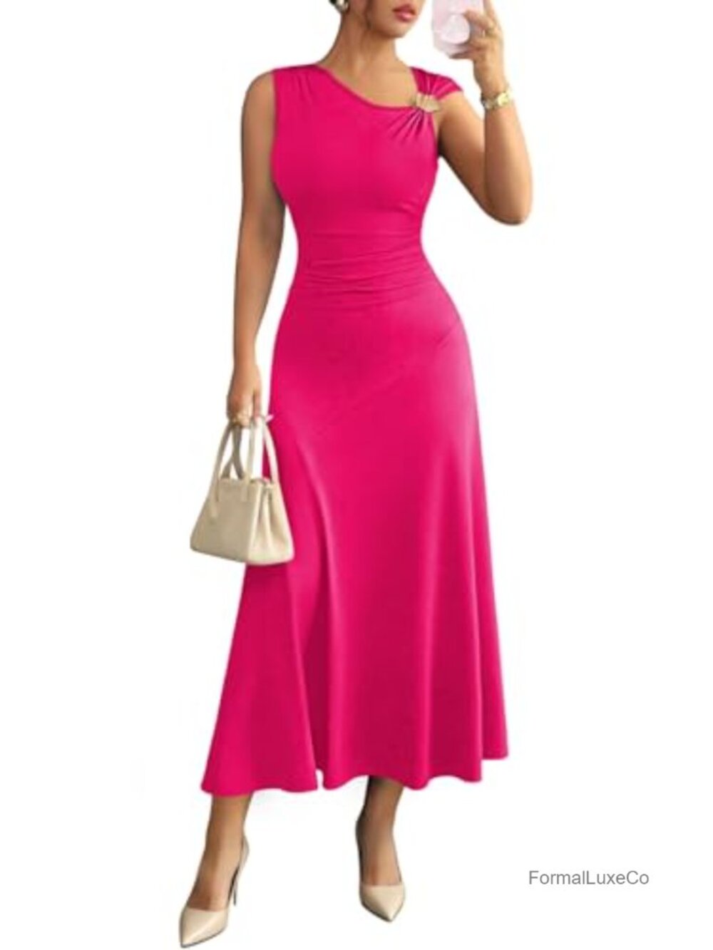 Sleeveless Bodycon Dress Women Crewneck High Waist Ruched Cocktail Party